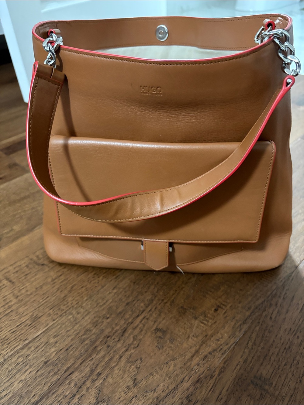 HUGO Cognac Leather Shoulder Bag with Pink Trim